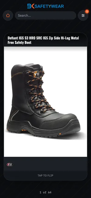 The BK Safetywear branded product finder, showing a V12 Footwear safety boot product card on a phone